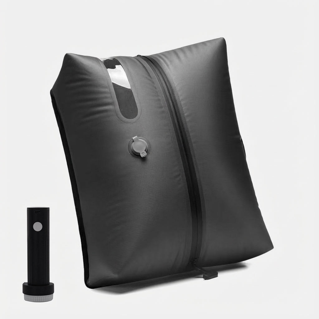 Soft-shell carry-on with spinner wheels in travel setting