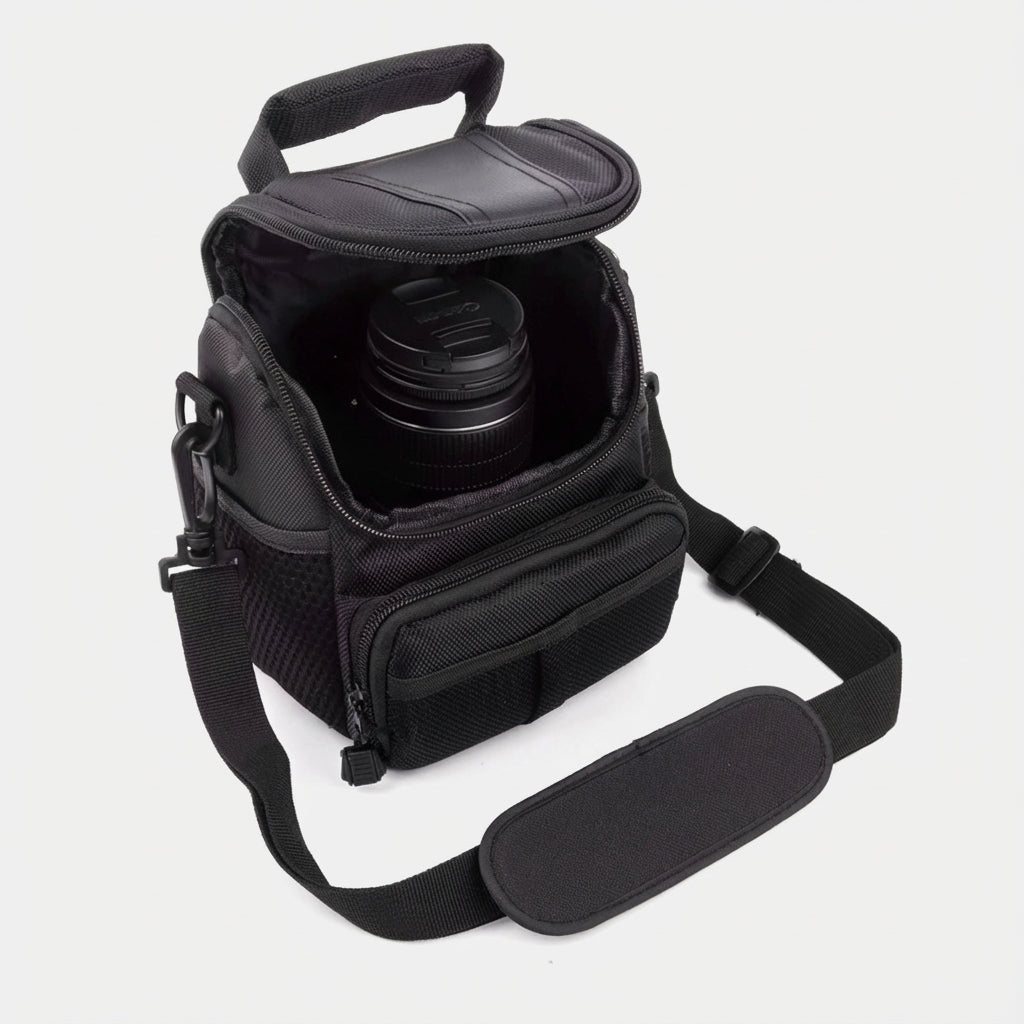 OSO Camera Handbag being carried with adjustable strap