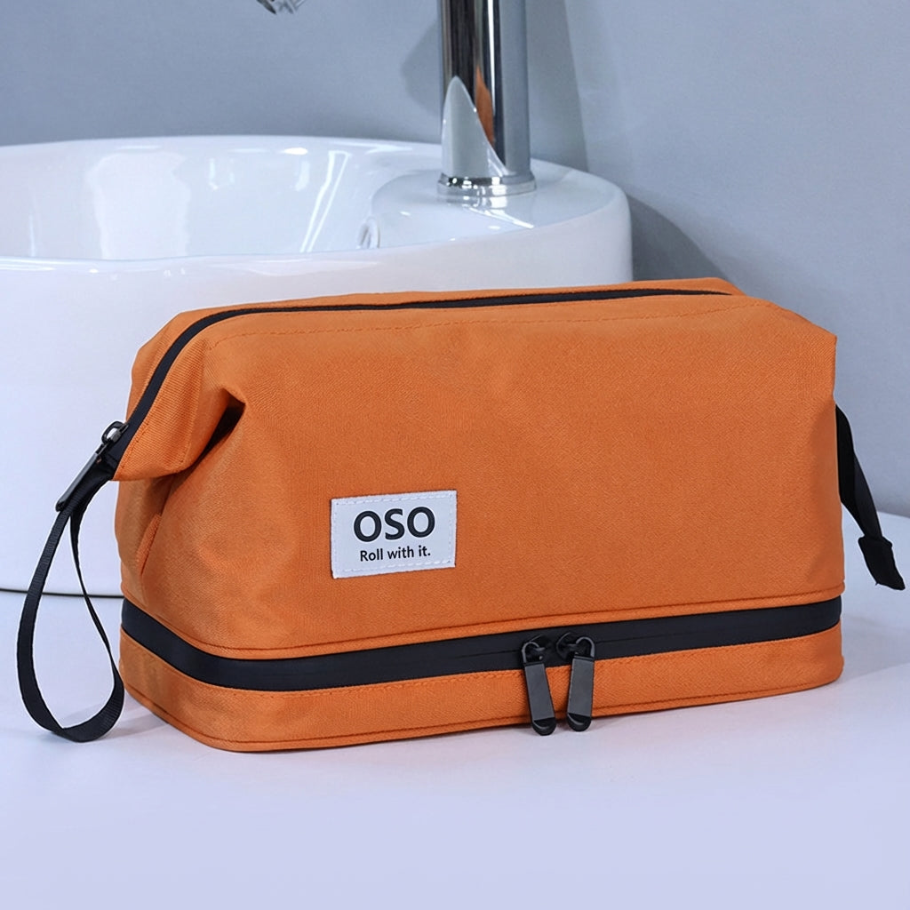 OSO Dual Wash Bag in Midnight Black showing dual compartments