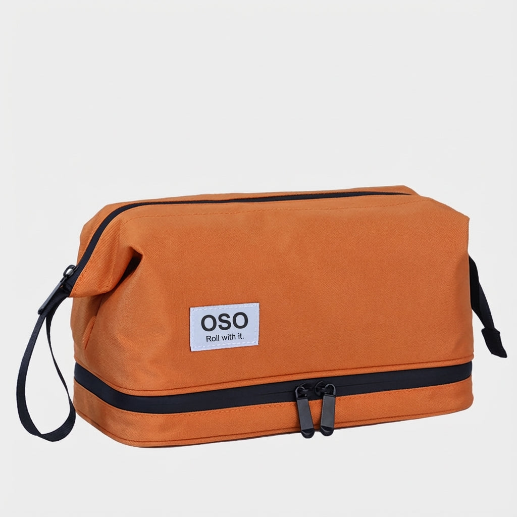 Soft-shell carry-on with spinner wheels in travel setting