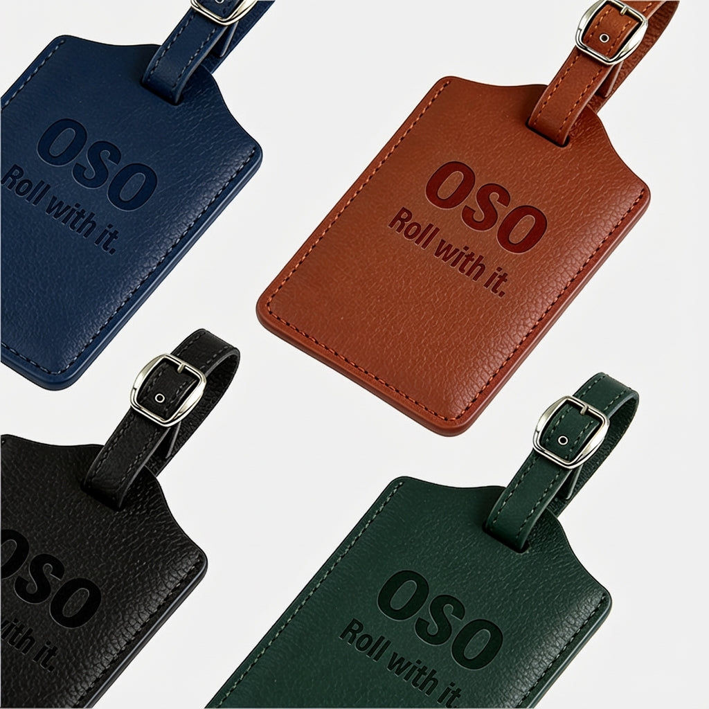 OSO luggage tag in deep red pebbled vegan leather