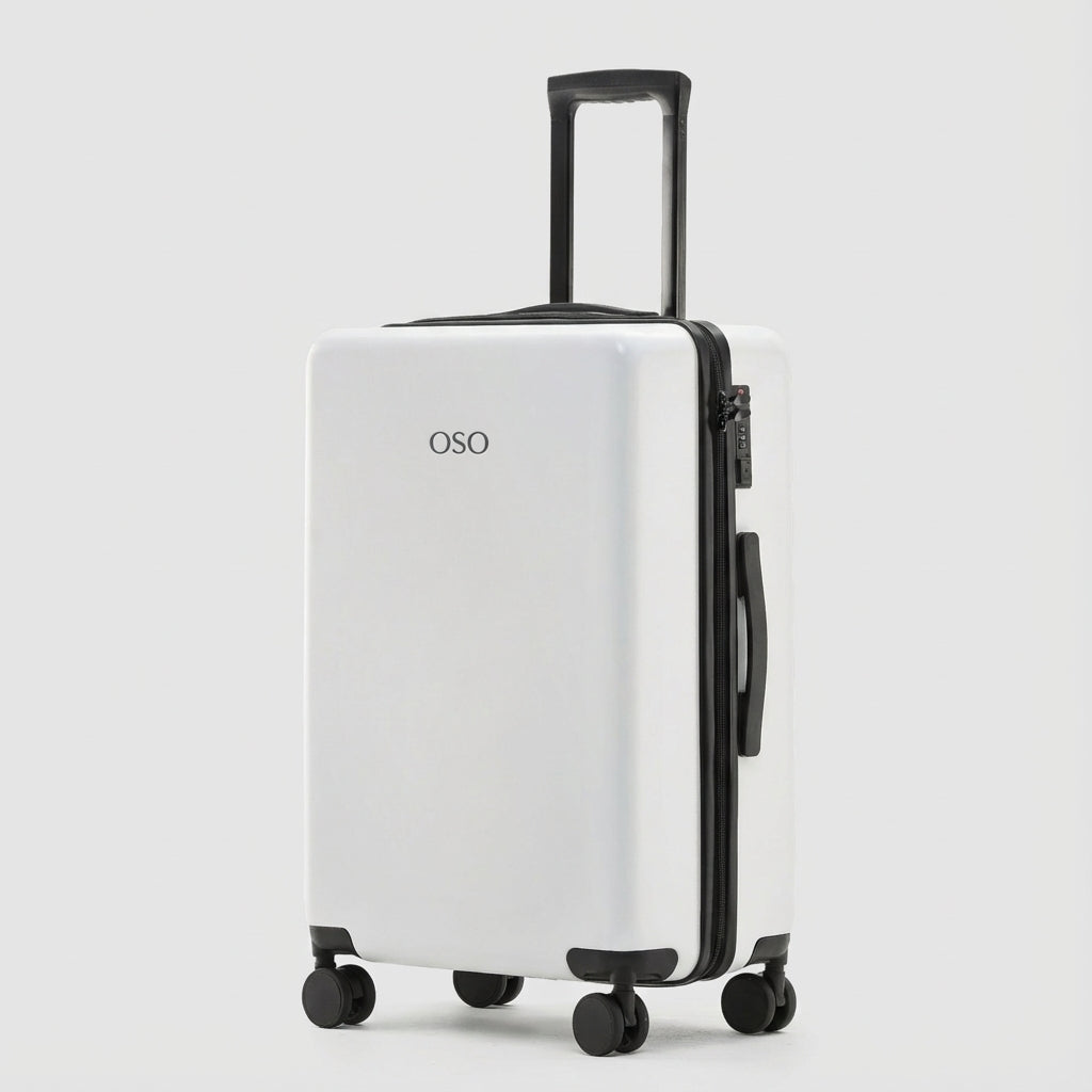 Close-up of 360° spinner wheels and telescopic handle