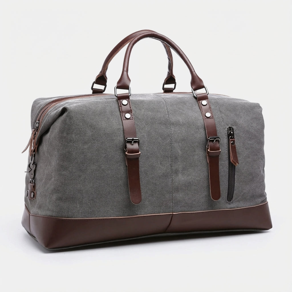 Interior view showing organized compartments of canvas duffle