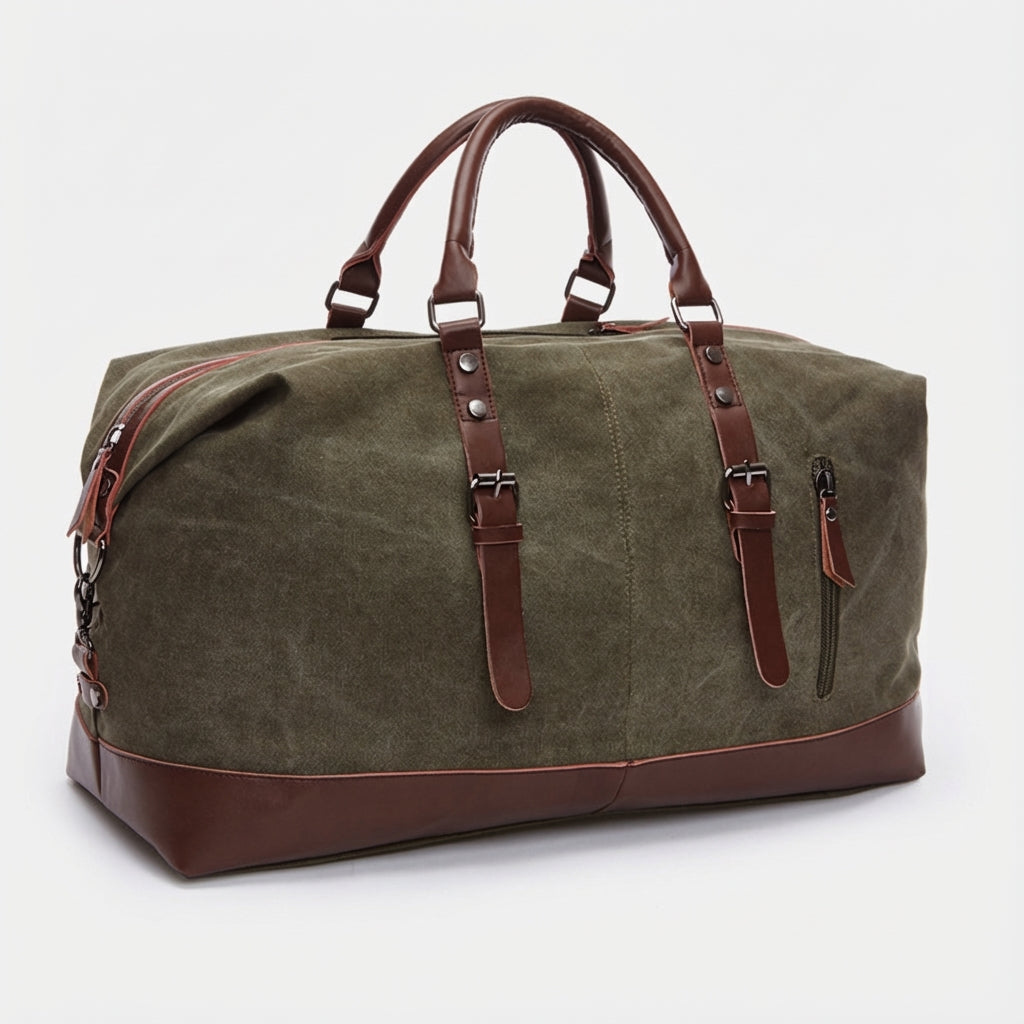 Weekender bag with leather accents and dual carrying handles