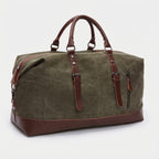 Weekender bag with leather accents and dual carrying handles