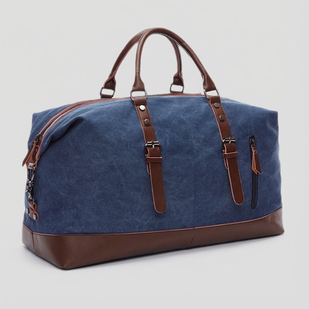 Interior view showing organized compartments of canvas duffle