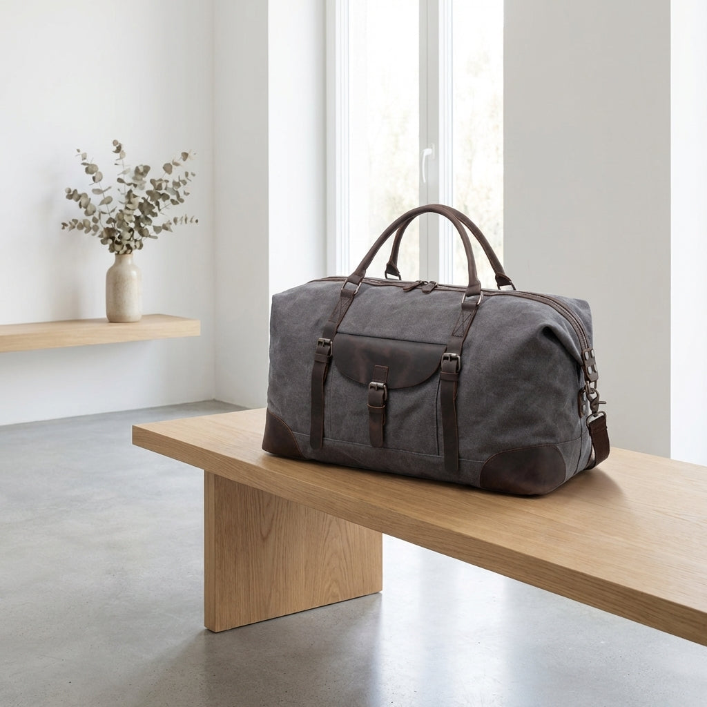 OSO weekender bag in midnight black with leather handles
