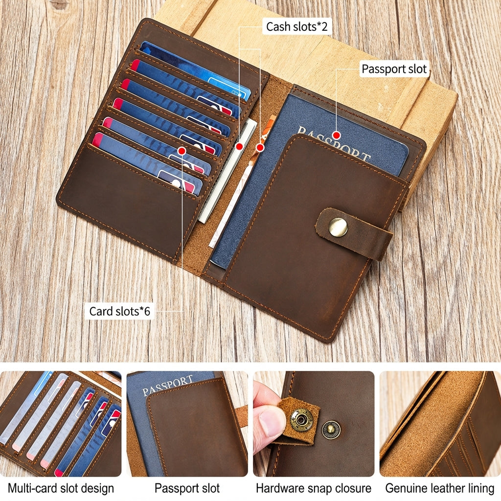 Minimalist bi-fold passport holder with European retro styling