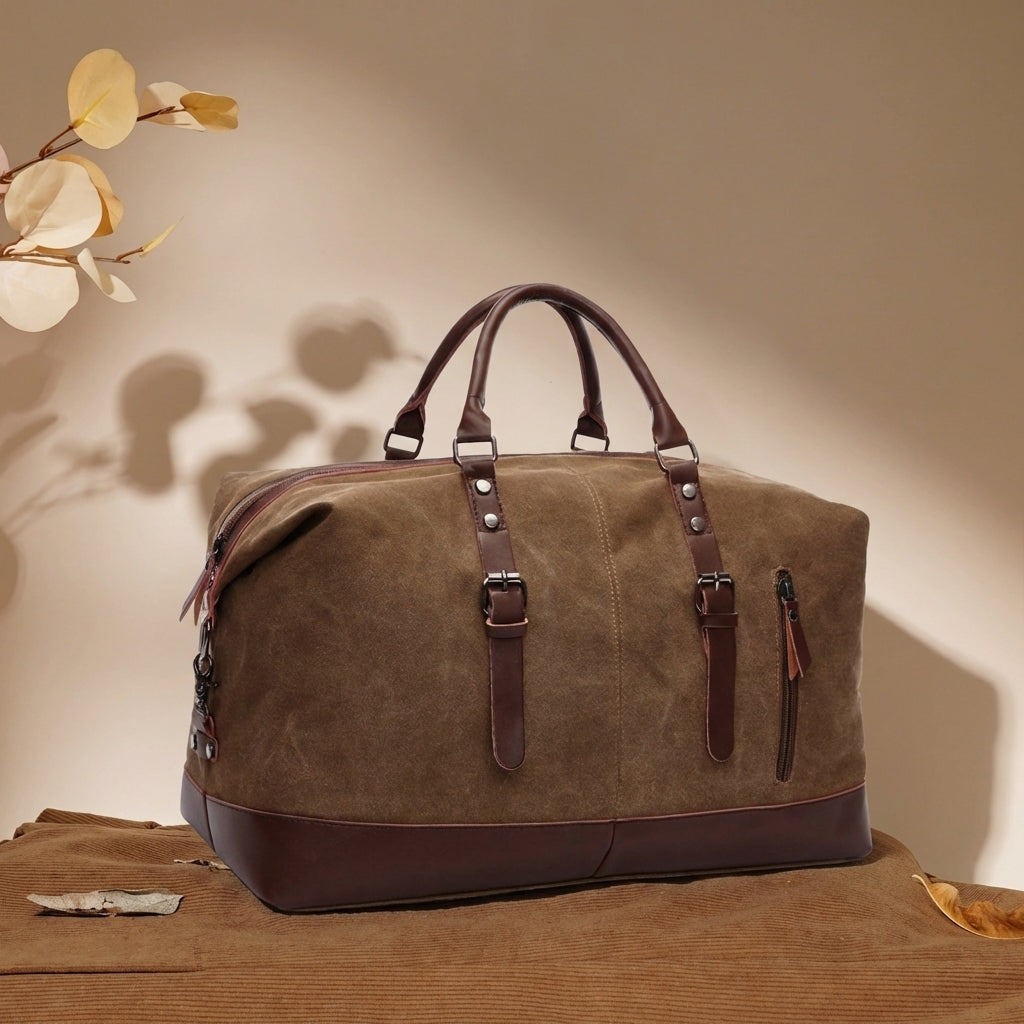Weekender bag with leather accents and dual carrying handles