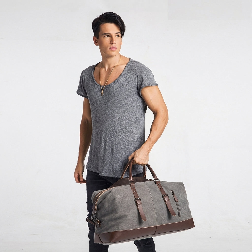Interior view showing organized compartments of canvas duffle