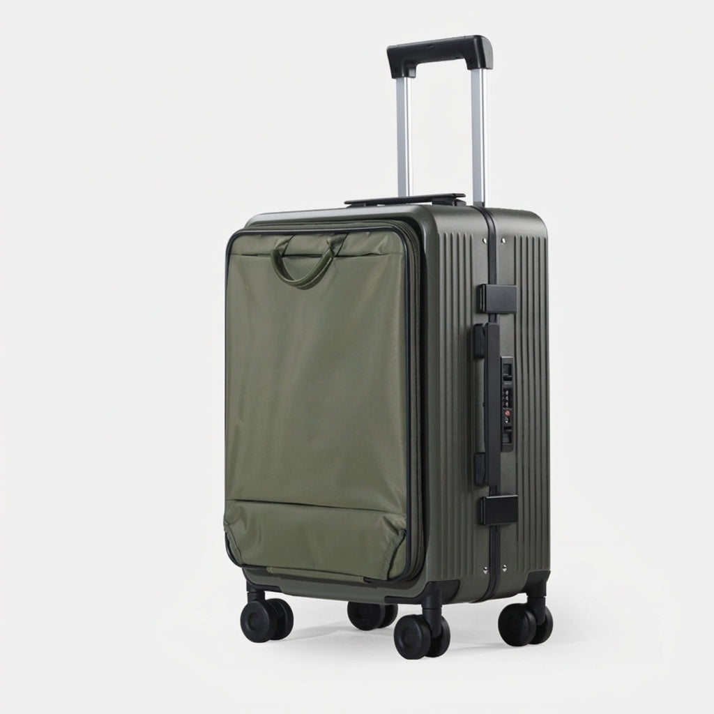 Soft-shell carry-on with spinner wheels in travel setting