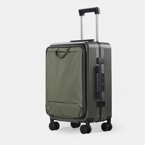 Soft-shell carry-on with spinner wheels in travel setting