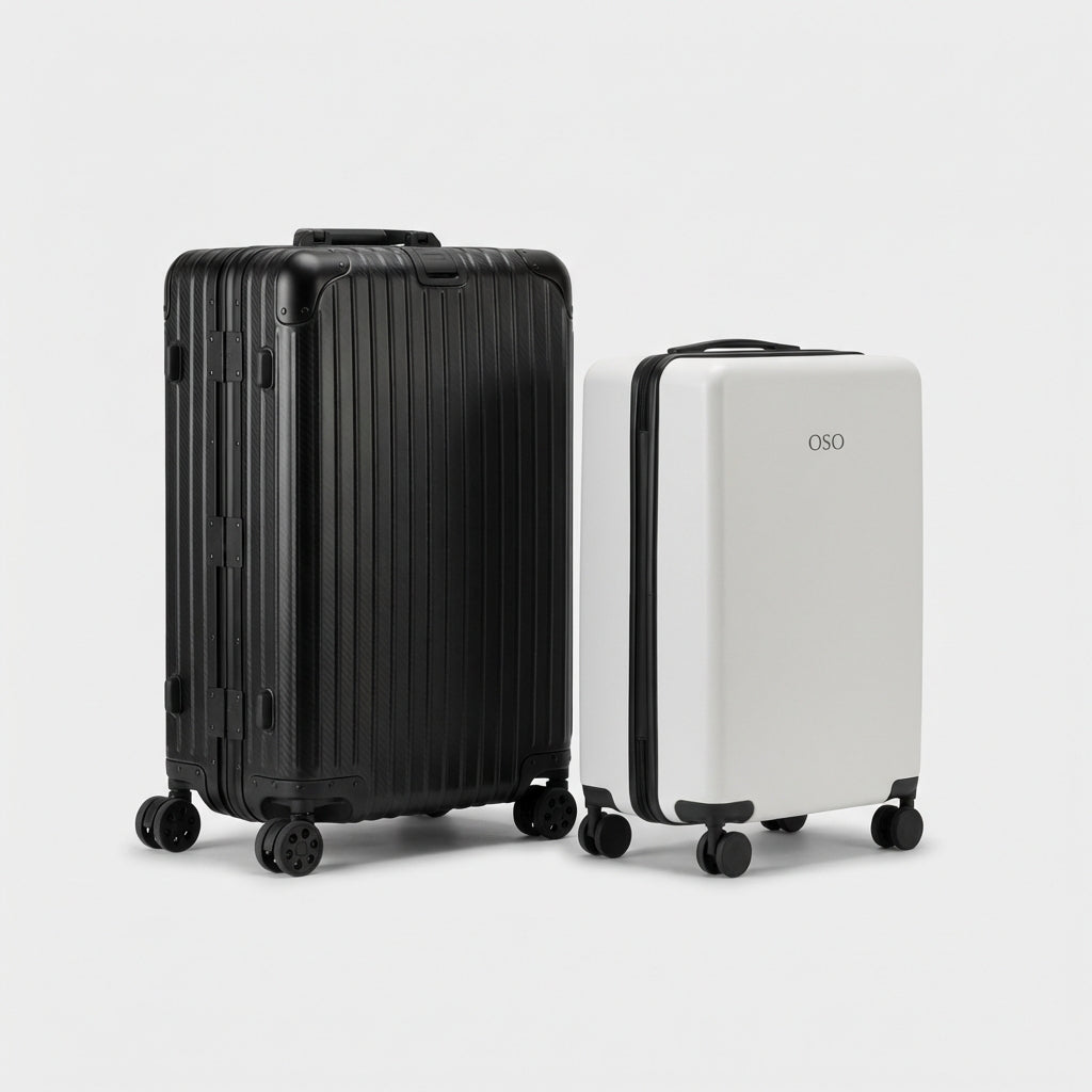 Close-up of OSO luggage polycarbonate shell and spinner wheels