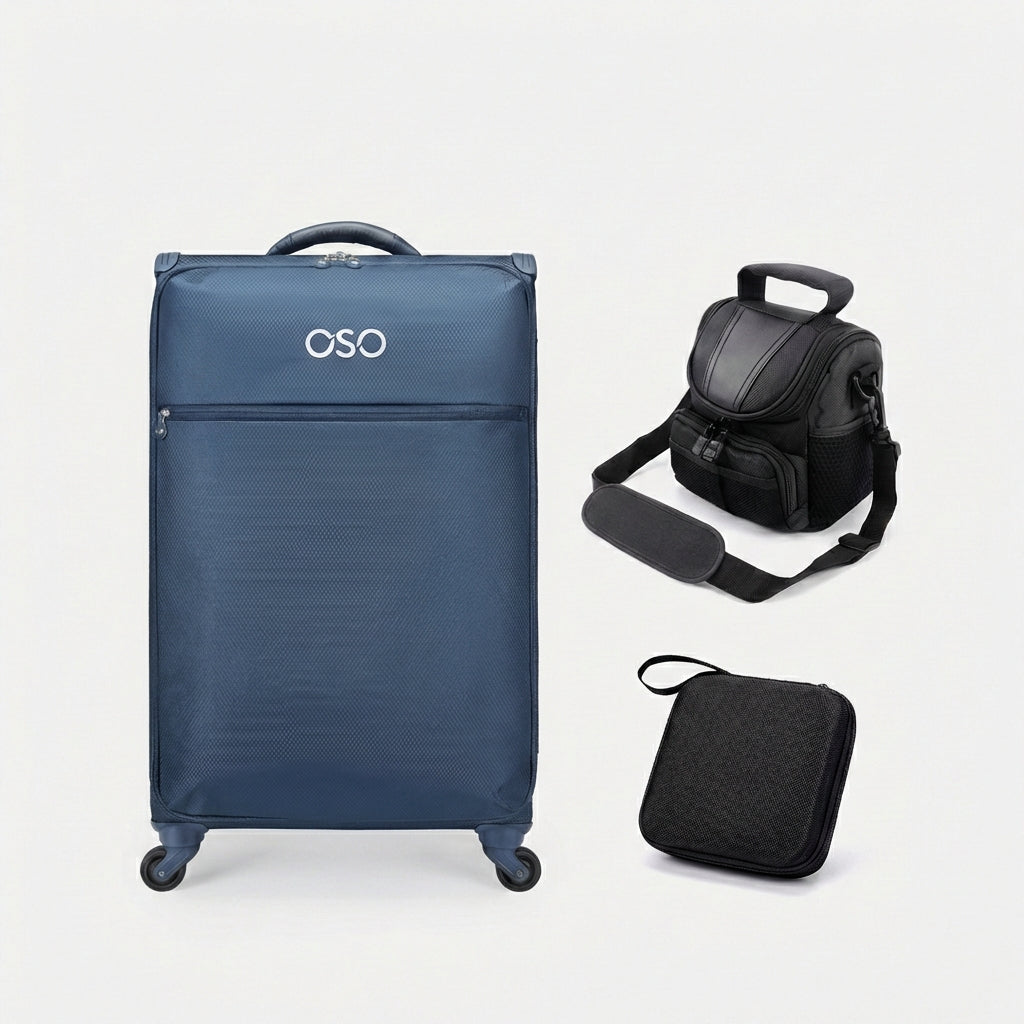 Soft-shell carry-on with spinner wheels from OSO Digital Nomad Kit