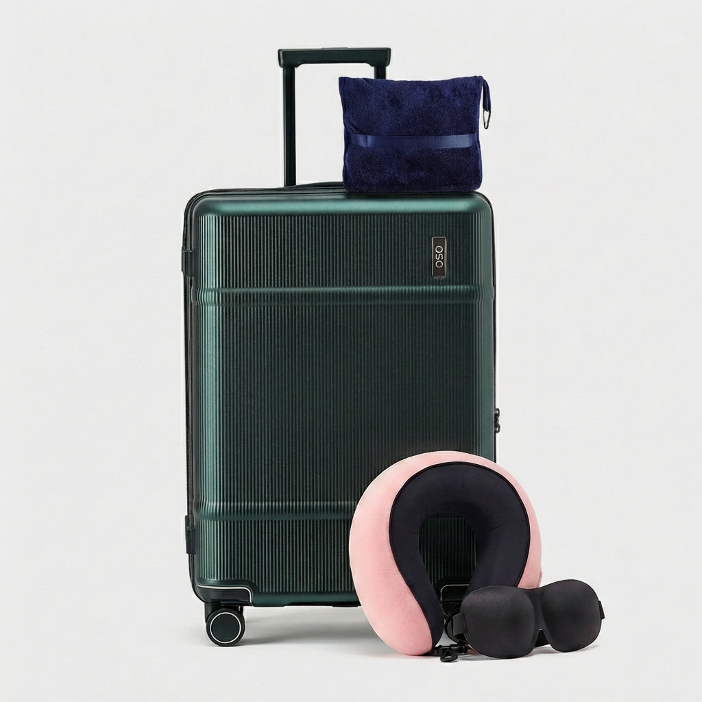 Travel comfort accessories including memory foam pillow, blanket, and eye mask in muted tones