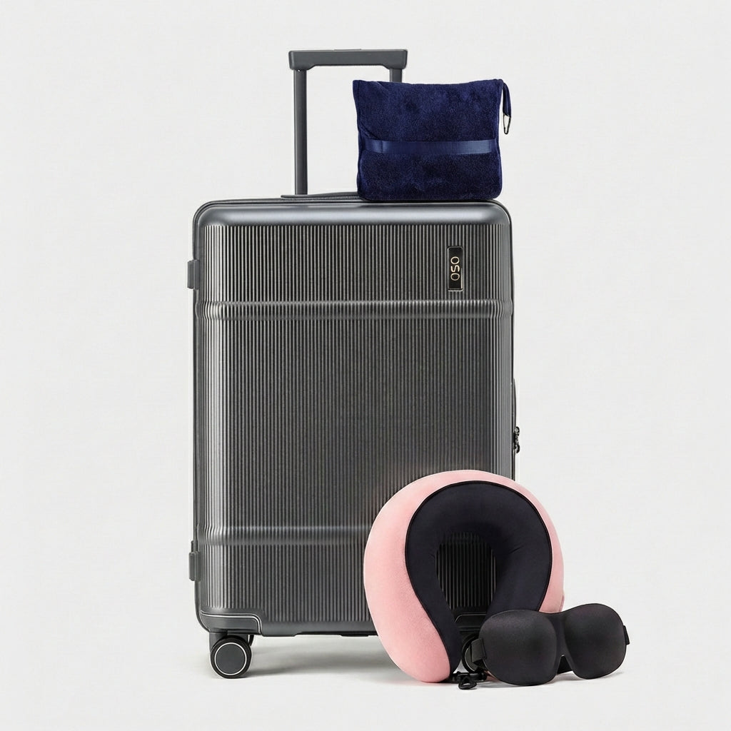 Deep-shell check-in trunk in minimalist color option with spinner wheels visible