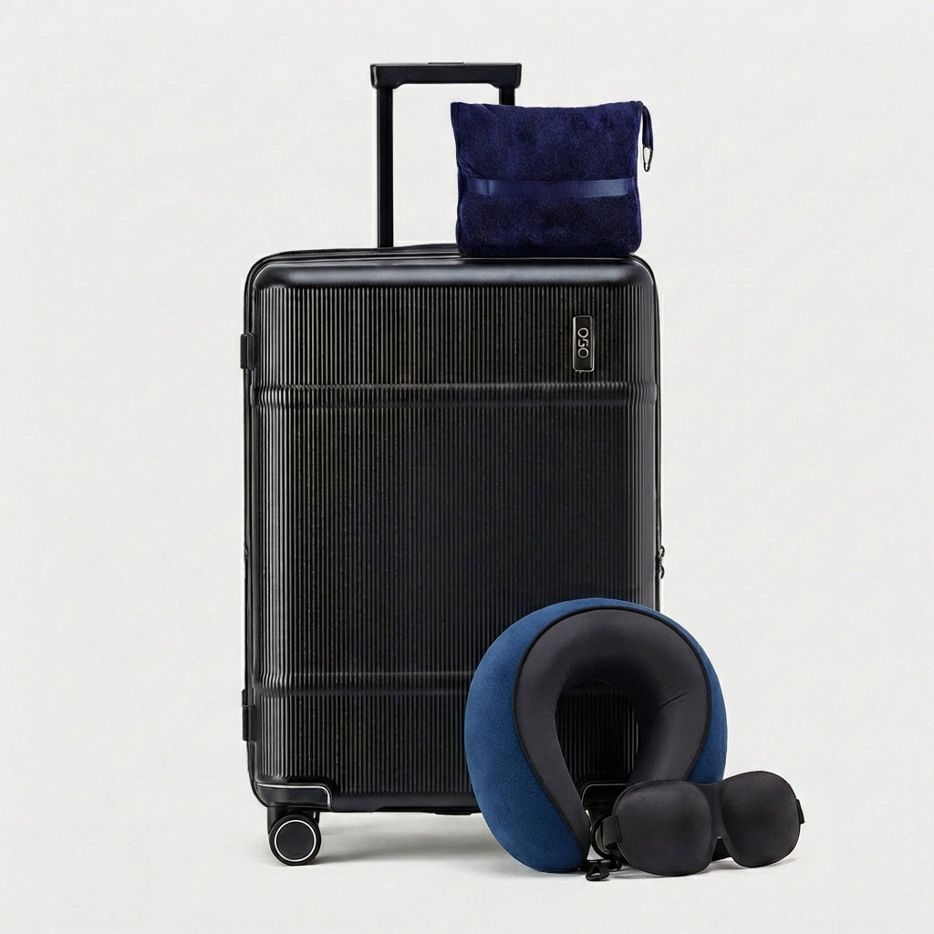 Travel relaxation accessories including memory foam pillow and blackout mask