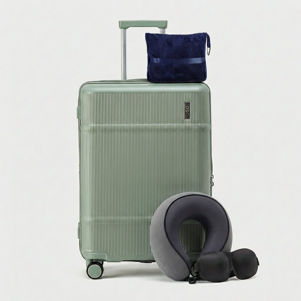 Deep-profile hard-shell suitcase interior with organized compartments