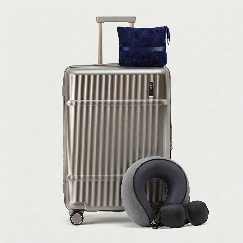 Deep-profile hard-shell suitcase interior with organized compartments